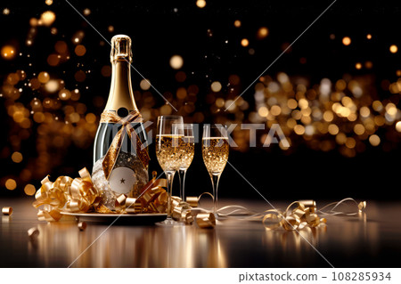 Champagne bottle on black background with champagne glasses. Sparkling lights and bokeh on backdrop 108285934