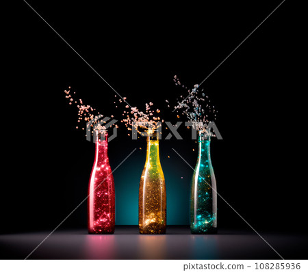 Set of sparkling magic potions bottles on black background. Concept of mana potion or elixir made by a wizard. Set of sparkling magic potions bottles on black background. Concept of mana potion or elixir made by a wizard. 108285936