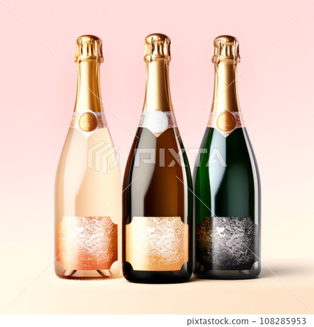 Colorful glittery and shiny champagne bottles set on a pink background Colorful glittery and shiny champagne bottles set on a pink background 108285953