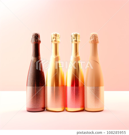 Colorful glittery and shiny champagne bottles set on a pink background Colorful glittery and shiny champagne bottles set on a pink background 108285955