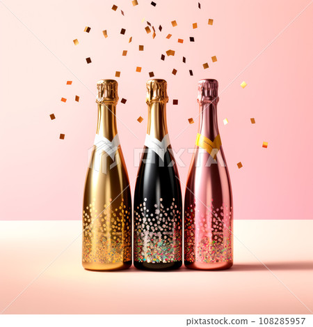 Colorful glittery and shiny champagne bottles set and confetti on a pink background Colorful glittery and shiny champagne bottles set and confetti on a pink background 108285957