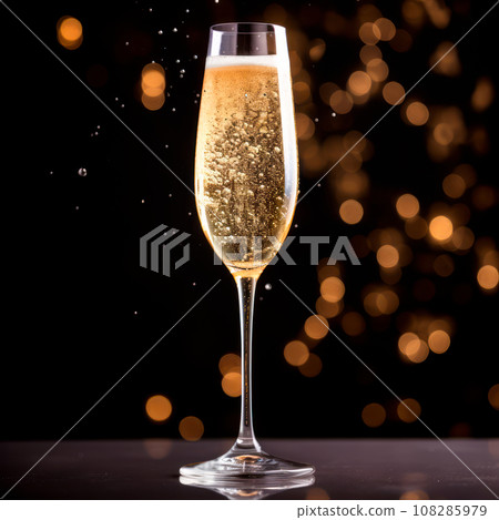 A crystal-clear flute glass of champagne isolated on black background 108285979