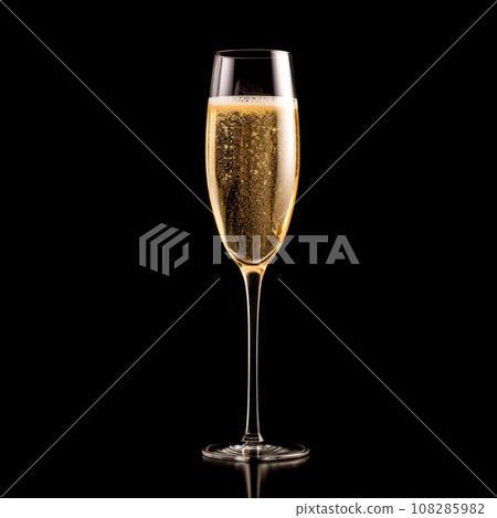 A crystal-clear flute glass of champagne isolated on black background A crystal-clear flute glass of champagne isolated on black background 108285982