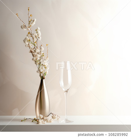 A crystal-clear empty glass of champagne or wine vase with fresh flower isolated on white background A crystal-clear empty glass of champagne or wine vase with fresh flower isolated on white background 108285992