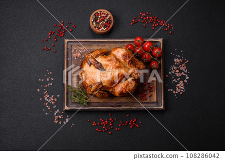 Crispy delicious whole baked chicken with vegetables, salt and spices 108286042