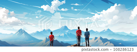 A family of travelers standing on top of a mountain A family of travelers standing on top of a mountain 108286123