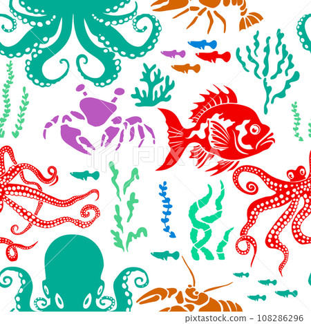 Seamless pattern sea inhabitants. hand drawing. Not AI, Illustrat3 . Colorful flat Vector illustration Seamless pattern sea inhabitants. hand drawing. Not AI, Illustrat3 . Colorful flat Vector illustration 108286296