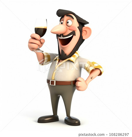 Happy man with a glass of wine, funny cute cartoon 3d illustration on white background, creative avatar Happy man with a glass of wine, funny cute cartoon 3d illustration on white background, creative avatar 108286297