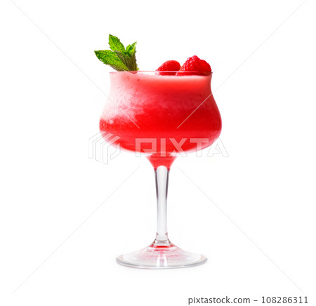 Strawberry margarita cocktail in salt-rimmed glass isolated on white background 108286311