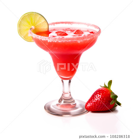 Strawberry margarita cocktail in salt-rimmed glass isolated on white background 108286318