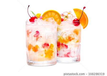 Set of crafted cocktails with berries, a slice of orange, ice cubes and a sprig of mint Set of crafted cocktails with berries, a slice of orange, ice cubes and a sprig of mint 108286319