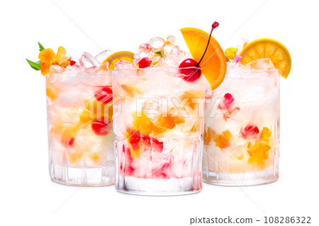 Set of crafted cocktails with berries, a slice of orange, ice cubes and a sprig of mint Set of crafted cocktails with berries, a slice of orange, ice cubes and a sprig of mint 108286322