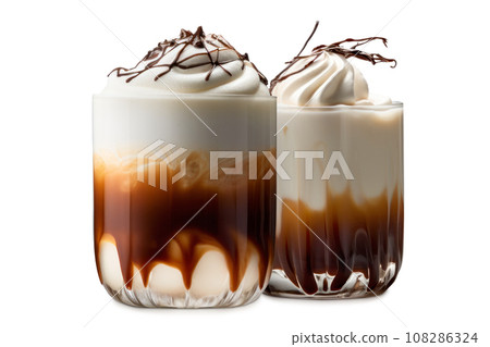 Set of White Russian cocktails featuring layers of cream, coffee liqueur and vodka 108286324