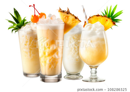 Set of Pina Colada cocktails with pineapple, coconut and creamy white top Set of Pina Colada cocktails with pineapple, coconut and creamy white top 108286325