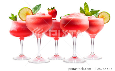 Set of Strawberry margarita cocktails in salt-rimmed glass isolated on white background 108286327