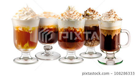 Set of Irish Coffee cocktails with whipped cream, brewed coffee and Irish whiskey 108286333