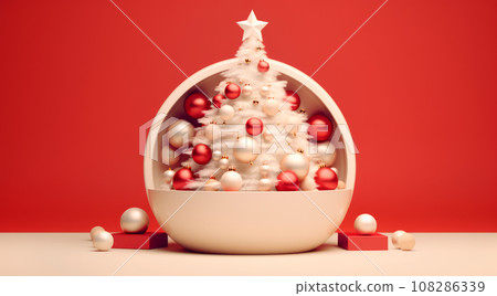 Modern Christmas tree with gifts boxes, presents and balls on a red background. 3d New year concept for greeting card Modern Christmas tree with gifts boxes, presents and balls on a red background. 3d New year concept for greeting card 108286339