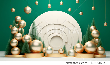Modern Christmas tree with gifts boxes, presents and balls on a green background. 3d New year concept for greeting card Modern Christmas tree with gifts boxes, presents and balls on a green background. 3d New year concept for greeting card 108286340