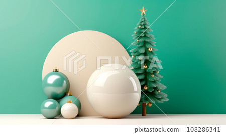 Modern Christmas tree with gifts boxes, presents and balls on a green background. 3d New year concept for greeting card Modern Christmas tree with gifts boxes, presents and balls on a green background. 3d New year concept for greeting card 108286341