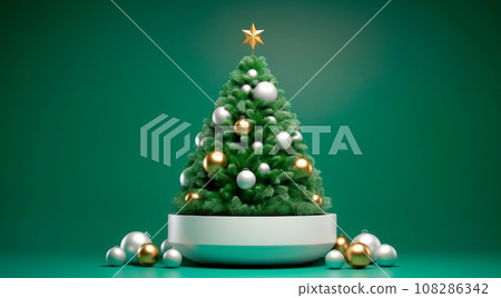 Modern Christmas tree with gifts boxes, presents and balls on a green background. 3d New year concept for greeting card Modern Christmas tree with gifts boxes, presents and balls on a green background. 3d New year concept for greeting card 108286342