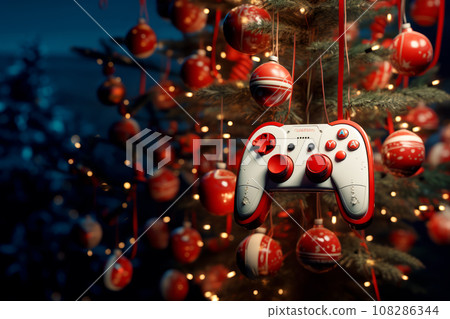 A close up view of a Christmas fir tree frond or a green pine tree branch with joystick toy like Christmas Tree balls A close up view of a Christmas fir tree frond or a green pine tree branch with joystick toy like Christmas Tree balls 108286344