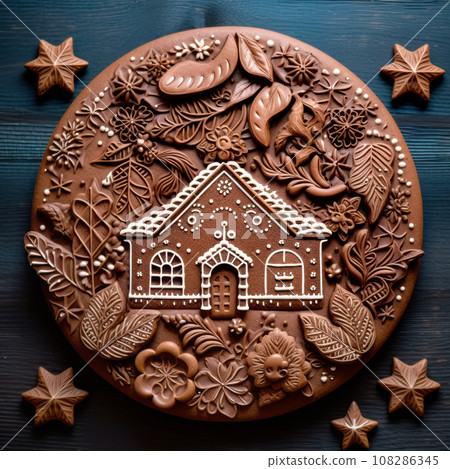 Christmas homemade gingerbread cookie in shape of houses on wooden table. Cute 3d cartoon Christmas homemade gingerbread cookie in shape of houses on wooden table. Cute 3d cartoon 108286345