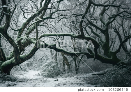 The frozen branches of a tree in a winter woods, in the style of gothic dark and moody tones. Autumn and winter mood The frozen branches of a tree in a winter woods, in the style of gothic dark and moody tones. Autumn and winter mood 108286346