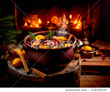 Christmas red mulled wine in a cup with cinnamon sticks, orange slices and winter decorations on wooden background 108286347