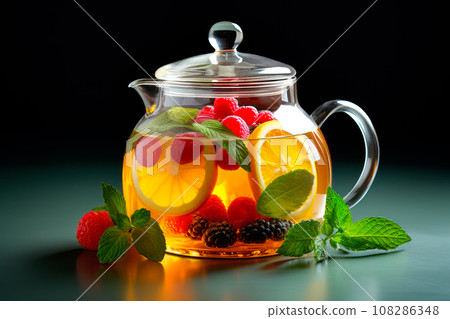 A glass teapot with fruit oolong tea in glass kettle on wooden table. Chinese traditional tea ceremony A glass teapot with fruit oolong tea in glass kettle on wooden table. Chinese traditional tea ceremony 108286348