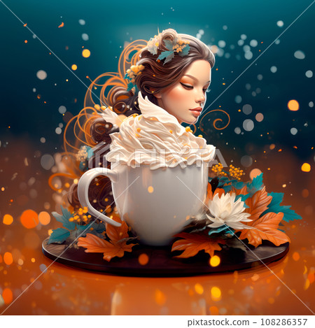 An anime inspired woman laying out a mug of warm coffee on colorful leaves on bokeh backdrop. Autumn and Winter mood. 108286357