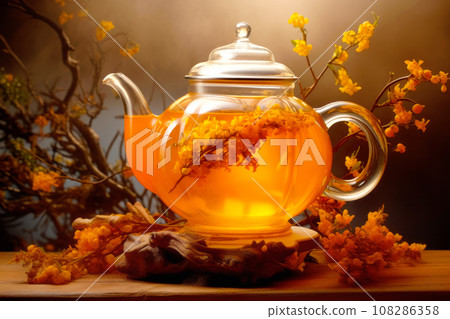 A glass teapot with yellow flowers, oolong tea in glass kettle on wooden table. Chinese traditional tea ceremony A glass teapot with yellow flowers, oolong tea in glass kettle on wooden table. Chinese traditional tea ceremony 108286358