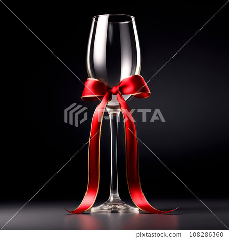 A crystal-clear flute glass of champagne with red ribbon isolated on black background 108286360