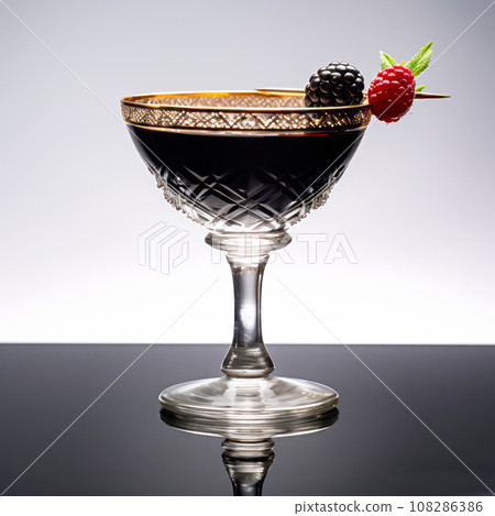 A Black Russian cocktail in martini glass with berries sits against a black background 108286386