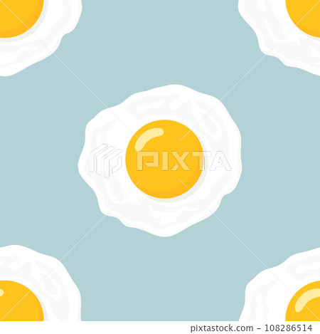 Vector Seamless Pattern with Flat Fried Egg, Omelet on a Blue Background. Healthy Breakfast, Protein Food, Diet Meal Concept. Design Template Vector Seamless Pattern with Flat Fried Egg, Omelet on a Blue Background. Healthy Breakfast, Protein Food, Diet Meal Concept. Design Template 108286514