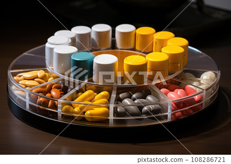 Pill boxes with colorful pills 108286721