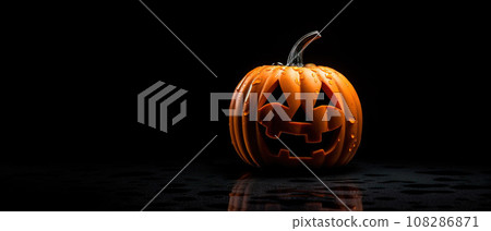 Carved out glowing orange halloween pumpkin jack o lantern on black background with copy space Carved out glowing orange halloween pumpkin jack o lantern on black background with copy space 108286871