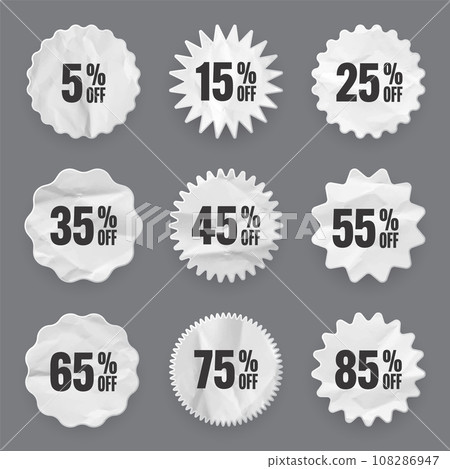Crumpled paper price tags. Special offer or shopping discount label with percent, discount percentage value. Retail sticker with cardboard texture. Promotional sale badge. Vector illustration 108286947