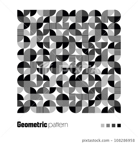 Geometric trendy pattern, Bauhaus style. Modern background with simple elements. Retro texture with basic geometric shapes. Print design, minimalist poster cover. Vector illustration Geometric trendy pattern, Bauhaus style. Modern background with simple elements. Retro texture with basic geometric shapes. Print design, minimalist poster cover. Vector illustration 108286958