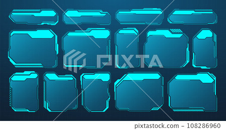 Blue futuristic HUD or UI elements. Sci-fi user interface text boxes, callouts. Warning message frames, information boxes template. Modern game interface layout in digital style. Vector illustration Blue futuristic HUD or UI elements. Sci-fi user interface text boxes, callouts. Warning message frames, information boxes template. Modern game interface layout in digital style. Vector illustration 108286960