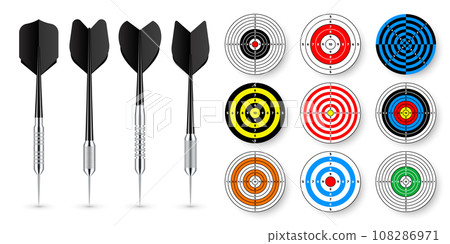 Paper targets with dart arrows and shadows. Shooting range round target, divisions, marks and numbers. Gun shooting practise and training, sport competition. Bullseye and aim. Vector illustration 108286971