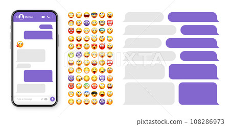 Smartphone messaging app, user interface design with emoji. SMS text frame. Chat screen with violet message bubbles. Texting app for communication. Social media application. Vector illustration Smartphone messaging app, user interface design with emoji. SMS text frame. Chat screen with violet message bubbles. Texting app for communication. Social media application. Vector illustration 108286973