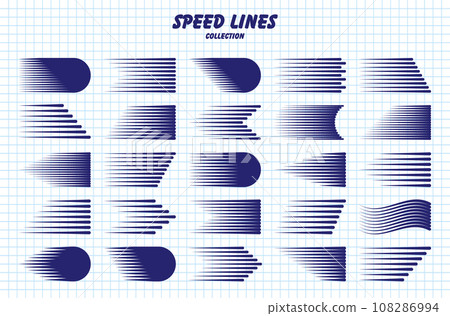 Hand drawn cartoon speed lines with round corners on checkered paper sheet. Simple line with motion effect. Comic book design element. School notebook for drawing. Vector collection Hand drawn cartoon speed lines with round corners on checkered paper sheet. Simple line with motion effect. Comic book design element. School notebook for drawing. Vector collection 108286994