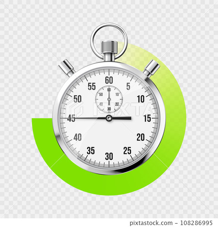 Realistic classic stopwatch. Shiny metal chronometer, time counter with dial. Green countdown timer showing minutes and seconds. Time measurement for sport, start and finish. Vector illustration Realistic classic stopwatch. Shiny metal chronometer, time counter with dial. Green countdown timer showing minutes and seconds. Time measurement for sport, start and finish. Vector illustration 108286995