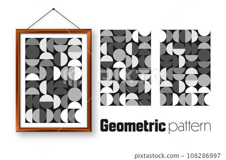 Picture frame with geometric trendy pattern, Bauhaus style. Modern background, simple elements. Retro texture, basic geometric shapes. Print design, minimalist poster cover. Vector illustration Picture frame with geometric trendy pattern, Bauhaus style. Modern background, simple elements. Retro texture, basic geometric shapes. Print design, minimalist poster cover. Vector illustration 108286997