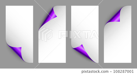 Set of violet paper curls. Curled page corner with shadow. Blank sheet of paper. Colorful shiny foil. Design element for advertising and promotion. Vector illustration. 108287001