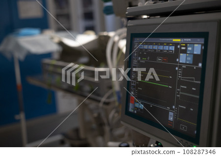 Turned on vital signs monitor in an empty operating room at a veterinary clinic. Empty operating room ready for work. The concept of preparing a veterinary operating room. Turned on vital signs monitor in an empty operating room at a veterinary clinic. Empty operating room ready for work. The concept of preparing a veterinary operating room. 108287346