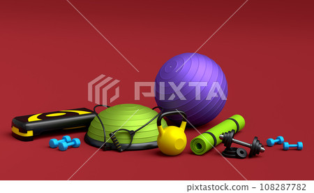 Isometric view of sport equipment like kettlebell, fitness ball and yoga mat Isometric view of sport equipment like kettlebell, fitness ball and yoga mat 108287782