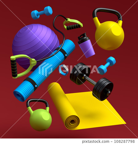 Flying sport equipment like kettlebell, fitness ball and yoga mat Flying sport equipment like kettlebell, fitness ball and yoga mat 108287798