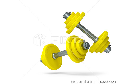 Pair of dumbbells with yellow disks isolated on white background Pair of dumbbells with yellow disks isolated on white background 108287823