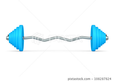 Abstract metal barbell with blue disks shaped handle isolated on white 108287824